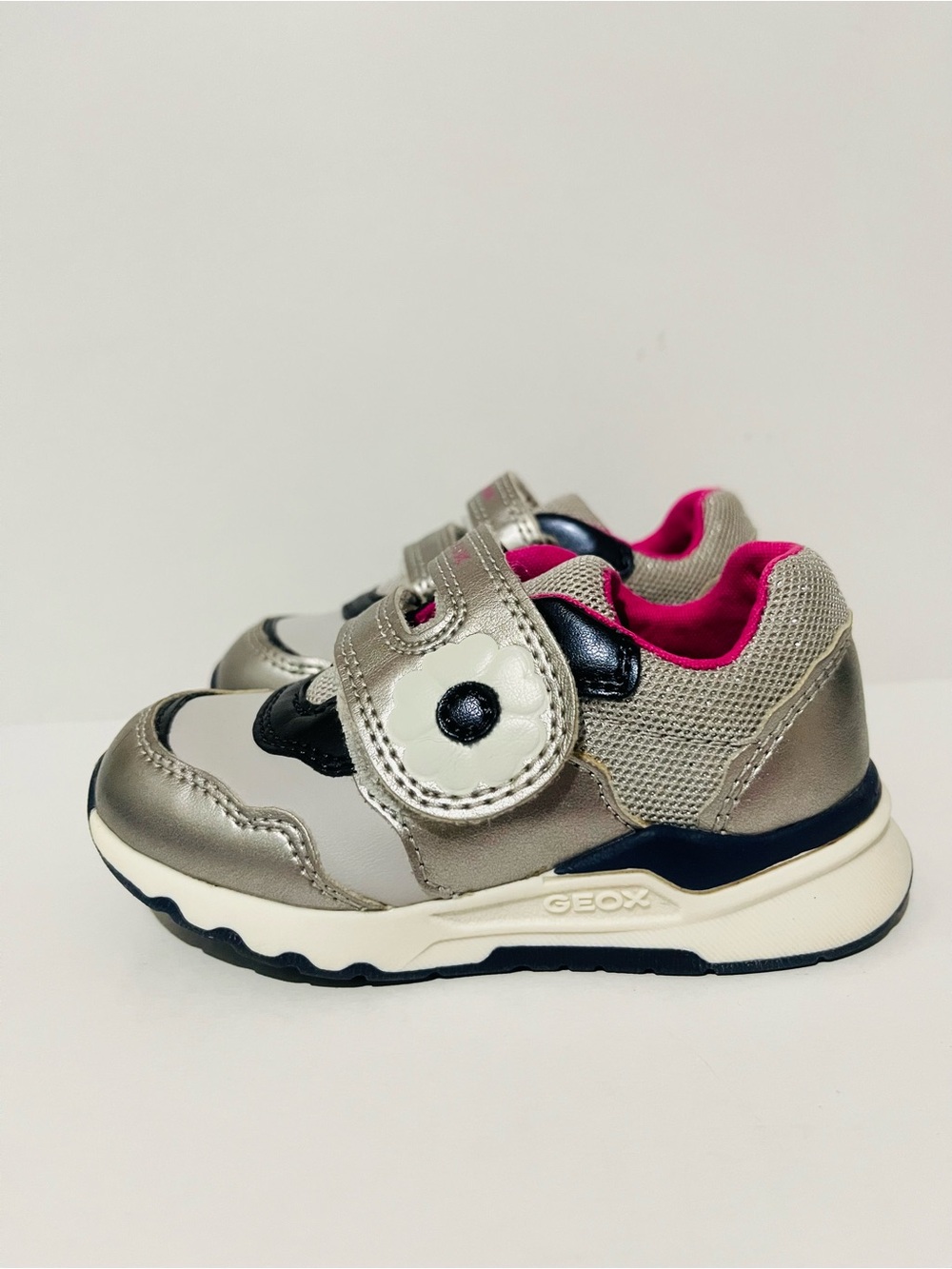 Geox Silver and Pink Kids Hook-and-Loop Sneakers
